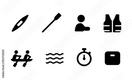 Kayaking and rowing icons: paddle, person, life vest, stopwatch, waves, team