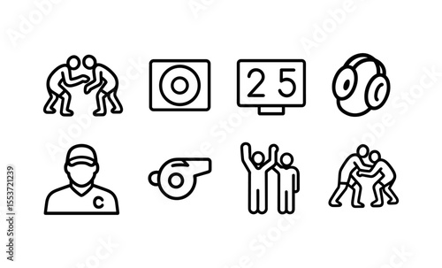 Wrestling icons set featuring referee, scoreboard, whistle, headgear, and celebrating fans