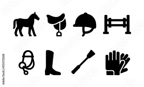 Equestrian equipment icons: horse, saddle, riding helmet, jumping fence, bridle, boots, crop, gloves