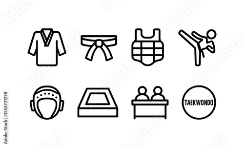 Taekwondo icons set: uniform, belt, protector, kicking, helmet, mat, judges, logo