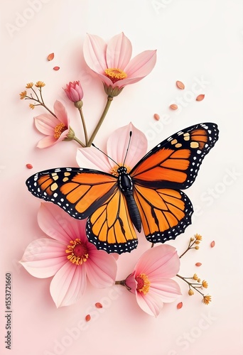 Butterfly Perched on Soft Pink Floral Background