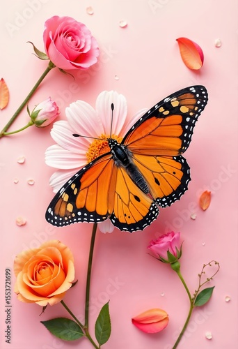 Butterfly Perched on Soft Pink Floral Background