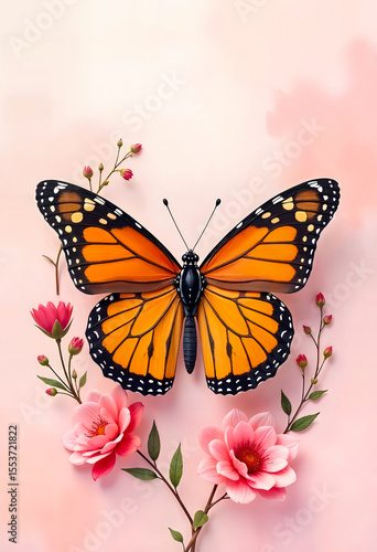 Butterfly Perched on Soft Pink Floral Background