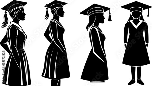 Silhouetted women in graduation gowns and mortarboards symbolize academic achievement and success