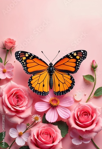 Butterfly Perched on Soft Pink Floral Background