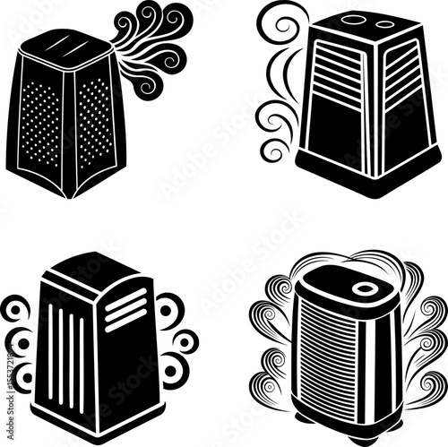 Stylized Black and White Illustration of Four Different Air Purifiers