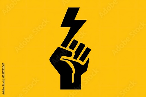 Black fist holding a lightning bolt on a bright yellow background.