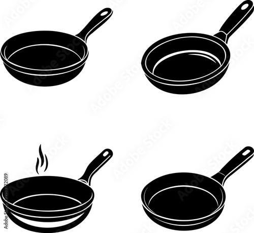 Four Stylized Black and White Illustrations of Frying Pans in Different Angles