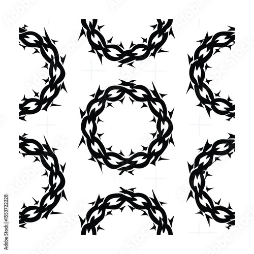 Black Thorn Crown Pattern: Religious Symbolism and Conceptual Design on White Background