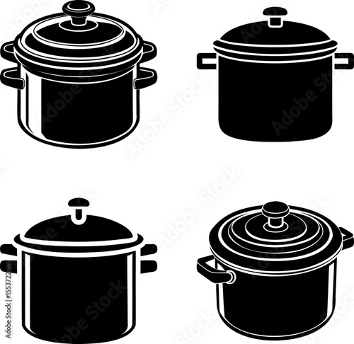Collection of stylized black and white vector illustrations of kitchen pots