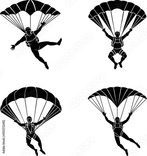 Set of Skydiving Skydivers with Parachutes Black and White Vector Graphic Design