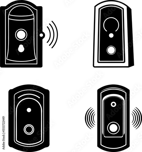 Multiple smart doorbell designs showcasing various styles and features in black and white