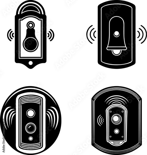 Collection of smart doorbells and sensors in black and white designs