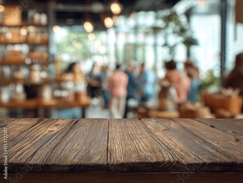 Blurred cafe interior, wooden table top (1)