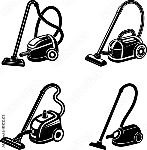 Four different black and white vacuum cleaner silhouettes for cleaning illustration