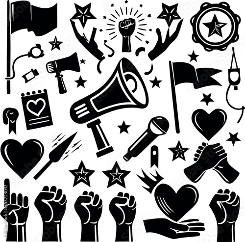 Black and white vector icons for demonstration, activism, and social movements
