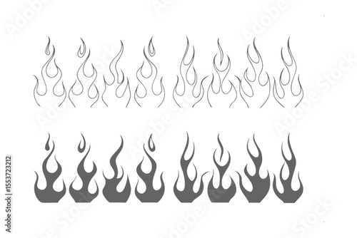 Inferno Outlines and Silhouettes: An array of flames, in both outline and silhouette forms, presents a visually engaging design element, perfect for conveying themes of heat, energy.