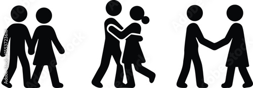 Family and relationship silhouette icons showing parents with children and couples walking together in minimal flat design