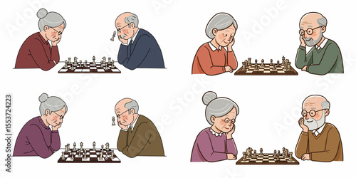 Chess of minds: The serene strategy of a chessboard is showcased, featuring a group of elderly people who are deeply engaged in chess game. A gentle blend of intellect and leisure.