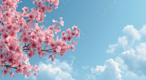 Delicate pink cherry blossoms against a vibrant blue sky with fluffy clouds