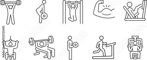 Set of icons for gym strength, fitness machines, bodybuilding, weightlifting, heavy training, exercise equipment, muscle training, bicep, running, customizable stroke, vector, illustration