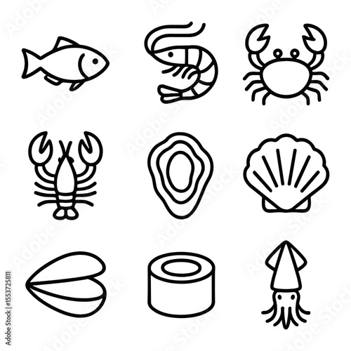 Seafood Icon Set. Outline icon set of seafood: fish, shrimp, crab, lobster, oyster, scallop, mussel, sushi