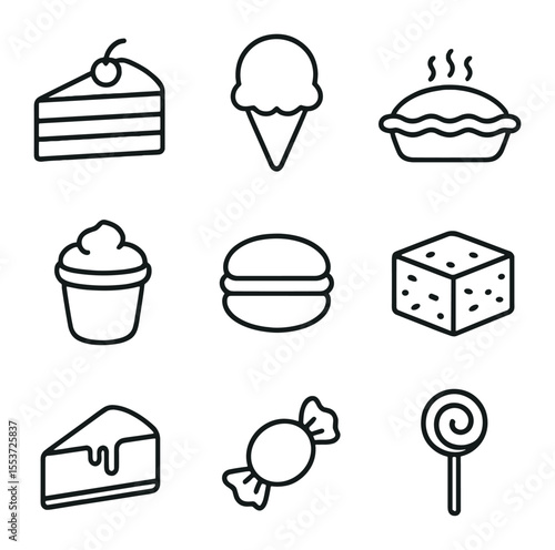 Dessert Icons Grid. Outline icon set of desserts: cake slice, ice cream scoop, pie, pudding cup, macaron,