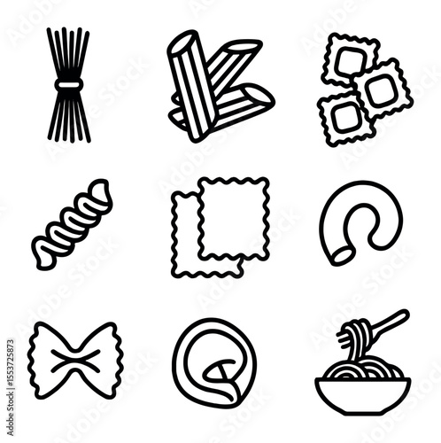 Pasta Icons Collection. Outline icon set of pasta dishes: spaghetti bundle, penne bunch, ravioli, fusilli,