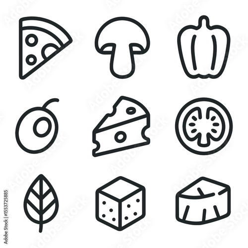 Pizza Toppings Icons. Outline icon set of pizza toppings: pepperoni slice, mushroom, bell pepper, olive,