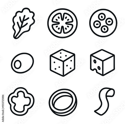 Salad Ingredients Icons. Outline icon set of salad ingredients: lettuce, tomato slice, cucumber slice, olive,