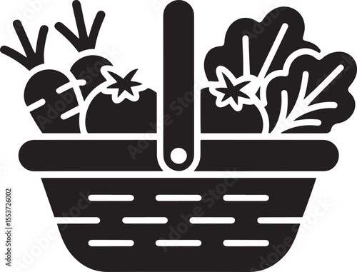 Fresh farm vegetables in basket silhouette icon