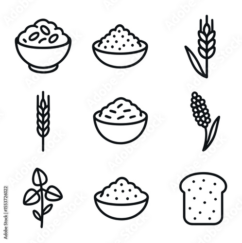 Breakfast Grain Icons. Outline icon set of breakfast grains: oats bowl, quinoa dish, barley, wheat stalk, rice