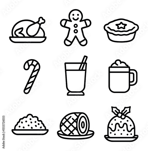 Holiday Food Icons. Outline icon set of holiday foods: Christmas turkey, gingerbread cookie, mince pie, candy
