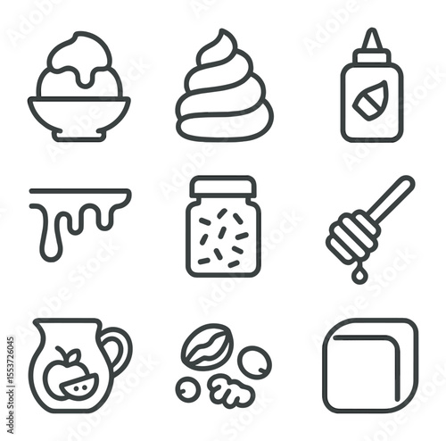 Sweet Toppings Icons. Outline icon set of sweet toppings: ice cream topping, whipped cream, chocolate syrup