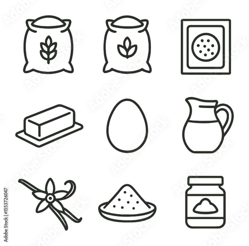 Bakery Ingredients Icons. Outline icon set of bakery ingredients: flour sack, sugar bag, yeast packet, butter