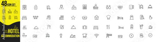 Minimalist Line Icon Set of Hotel and Accommodation Symbols in Modern Vector Style.travel, booking, bed, room, service, luggage, hospitality, checkin, checkout