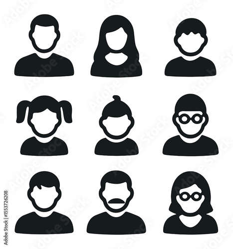 Family Icons Grid. olid, filled icons set of family members: father, mother, son, daughter, baby, grandparents