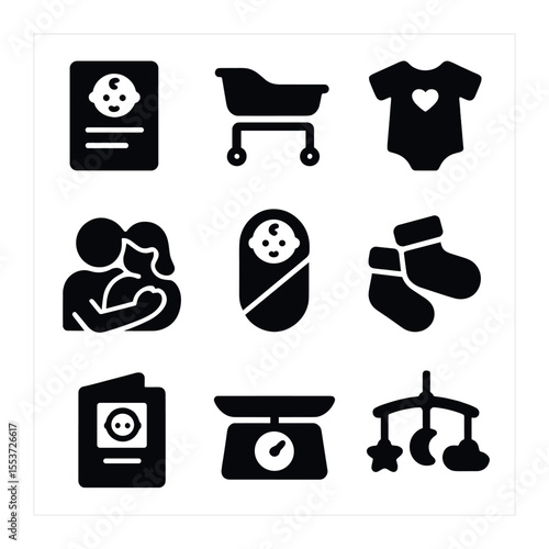 New Baby Icons Set. Solid, filled icons set of new baby arrival: birth certificate, hospital bassinet, baby