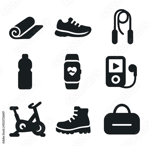 Family Fitness Icons. Solid, filled icons set of family fitness: yoga mat, running shoes, jump rope, water