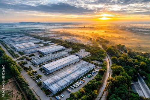 Expansive logistics center aerial view surrounded by greenery at sunrise