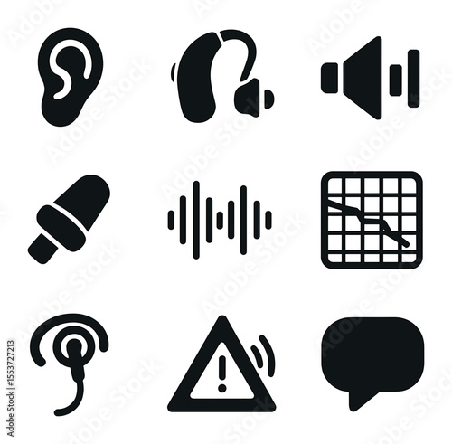 Hearing Health Icons Grid. Solid, filled icons set of hearing health: ear icon, hearing aid, volume meter,