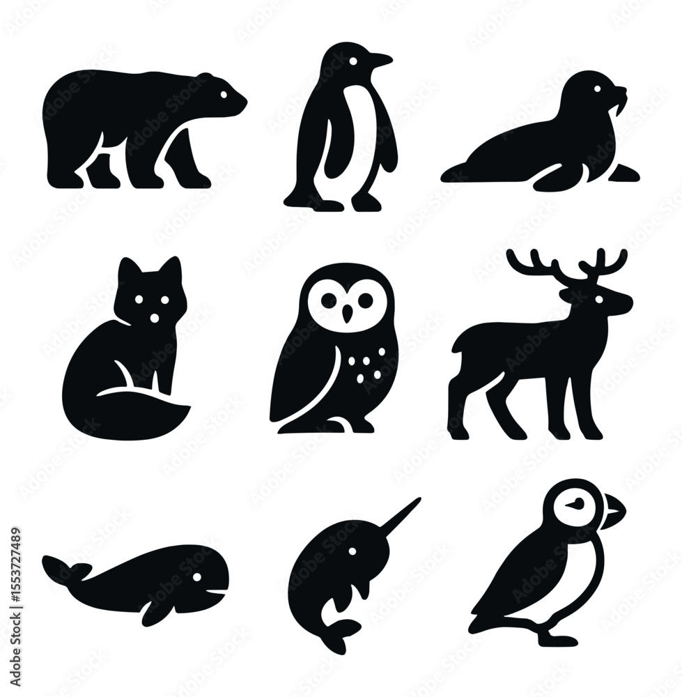 Naklejka premium Arctic Animals Icons. Solid, filled icons set of arctic animals: polar bear, penguin, seal, walrus, arctic fox