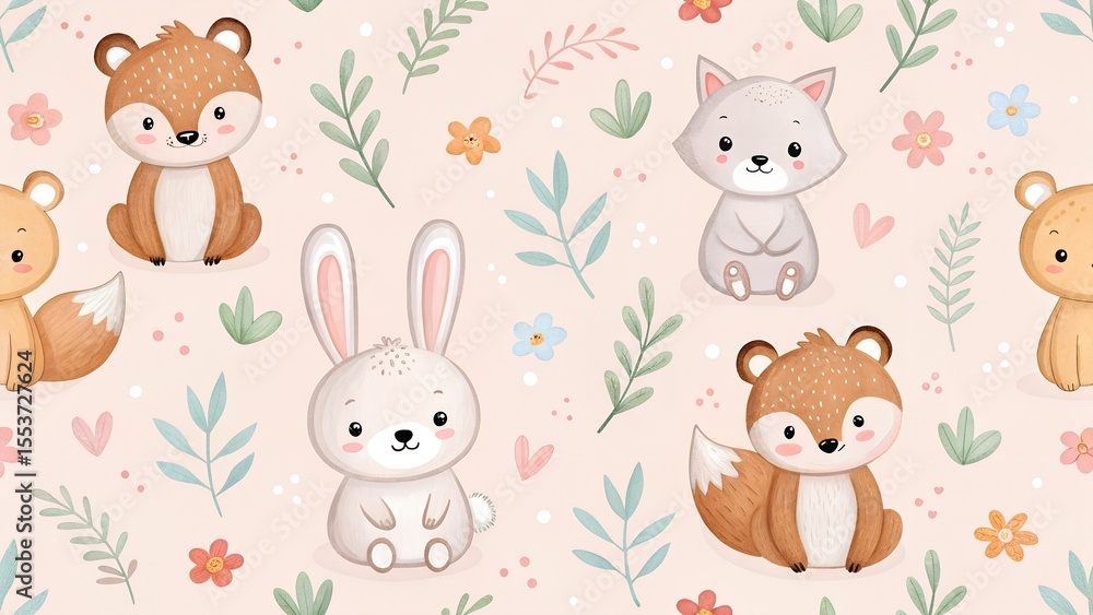 A cute pattern featuring a brown bear, a gray fox, a white rabbit, and an orange fox among colorful flowers and leaves on a soft pink background. A cute pattern featuring a brown bear, a gray fox, a white rabbit, and an orange fox among colorful flowers and leaves on a soft pink background.