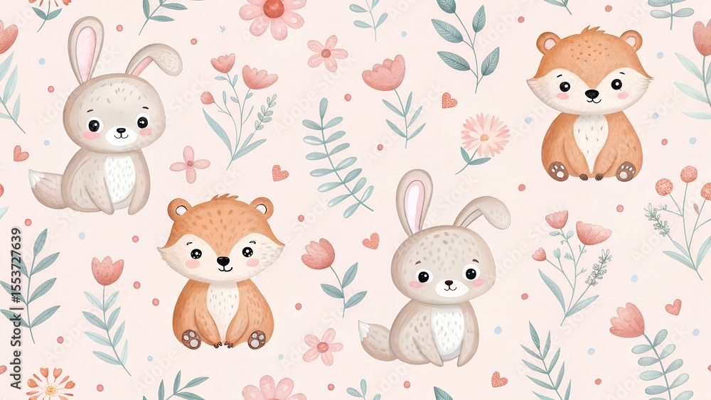 Naklejka premium A cute illustration featuring a gray rabbit, an orange fox, and a beige rabbit among pink flowers and green leaves on a soft pink background.