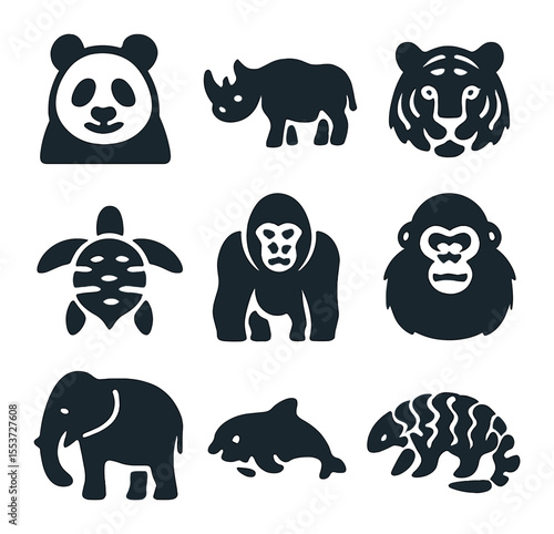 Endangered Species Icons. Solid, filled icons set of endangered species: panda, rhinoceros, tiger, sea turtle,