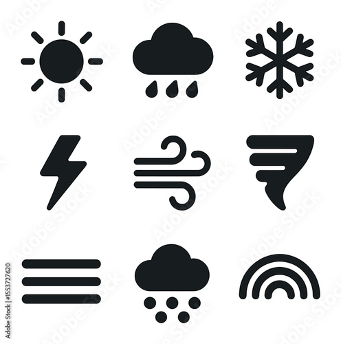 Weather Icons Grid. Solid, filled icons set of weather elements: sun, rain cloud, snowflake, thunderbolt, wind