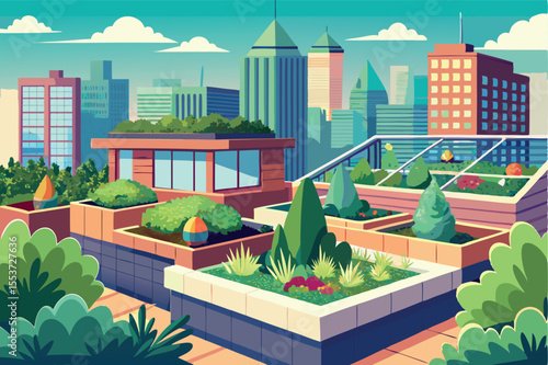 Urban rooftop garden with city skyline view showcasing greenery and modern architecture during daylight