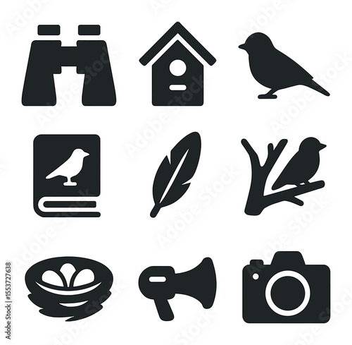 Birdwatching Icon Set. Solid, filled icons set of birdwatching: binoculars, birdhouse, bird silhouette, field