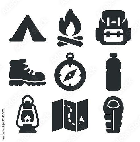 Camping Essentials Icons. Solid, filled icons set of camping nature: tent, campfire, backpack, hiking boots,