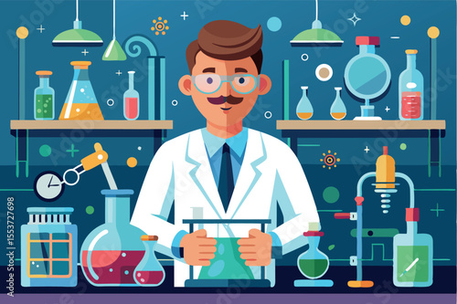 Scientist conducts experiments in a colorful laboratory filled with various glassware and tools